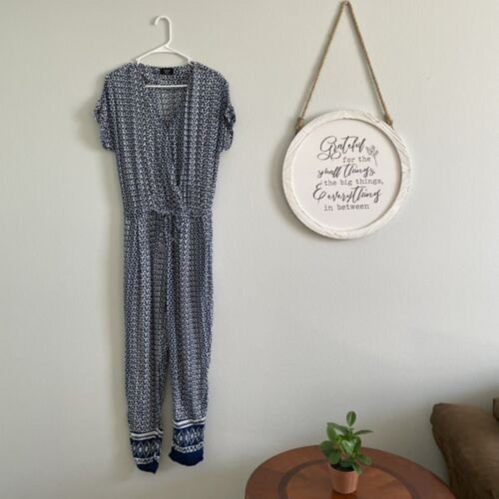 BOHO Long Romper Geometrical Design Blue White Size S